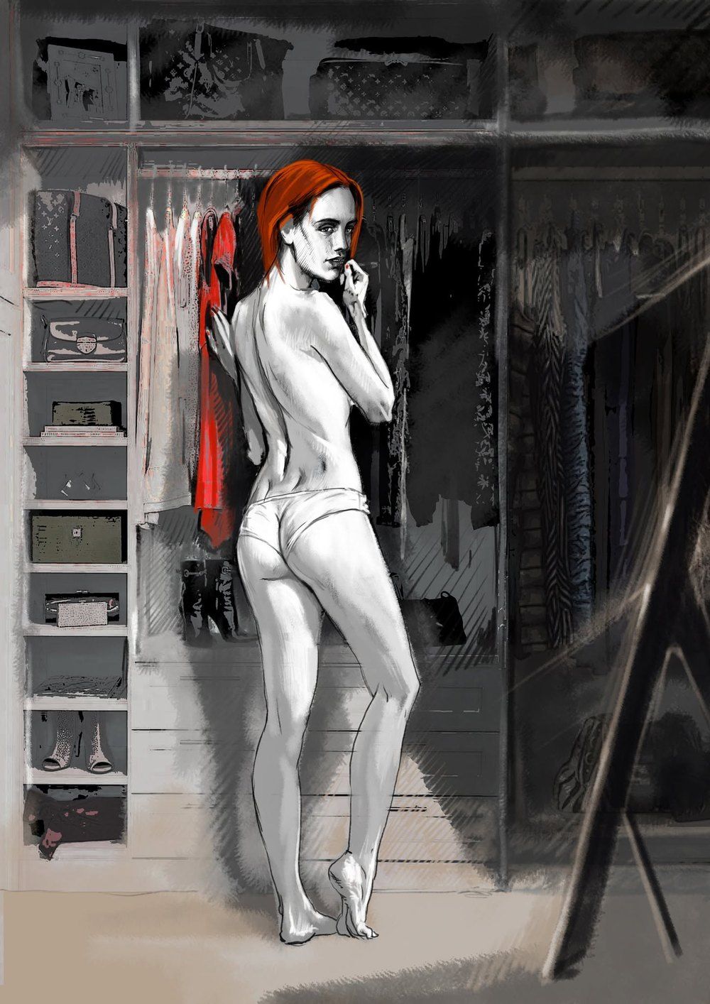Illustration: a red-haired woman in white underwear stands at an open wardrobe, glancing back over her shoulder, a red dress hanging beside her