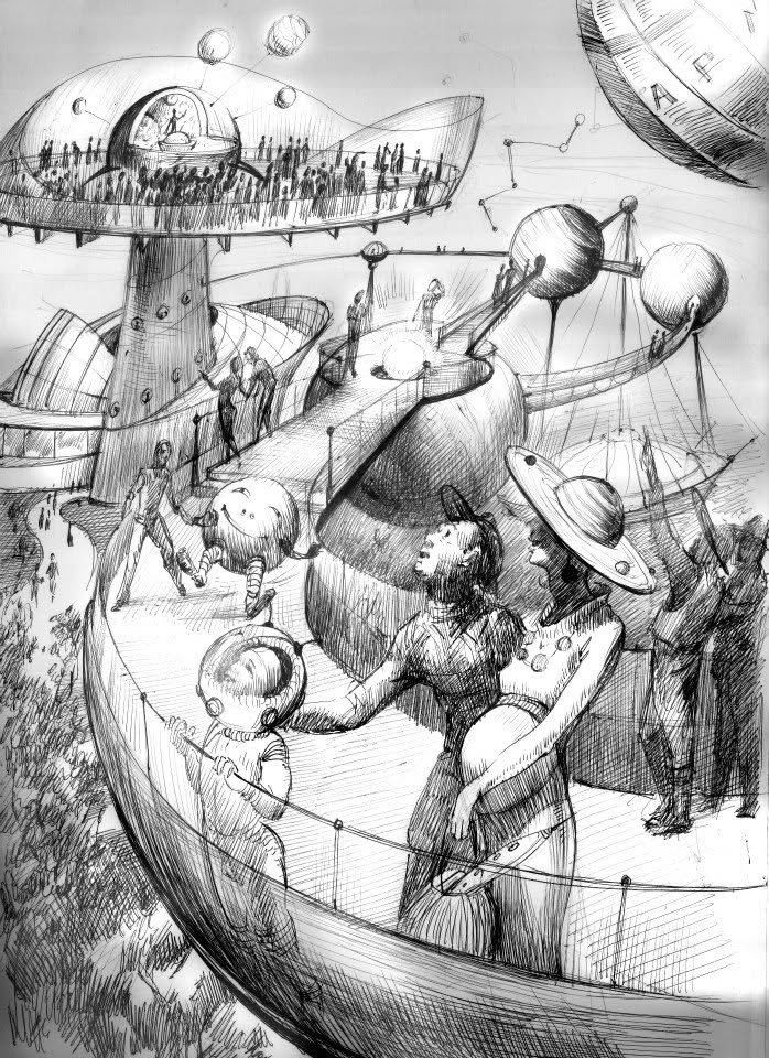 Illustration: a city of the future on raised platforms, a family in space suits on a curving walkway
