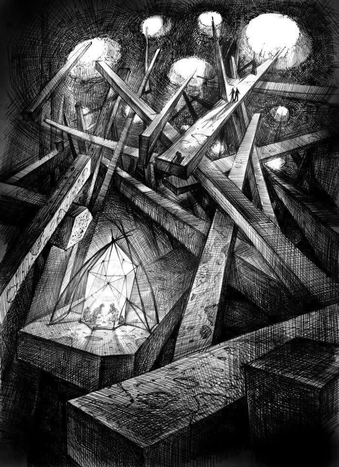Illustration: two tiny figures cross a chaos of giant beams under round lights, a glowing crystal tent below