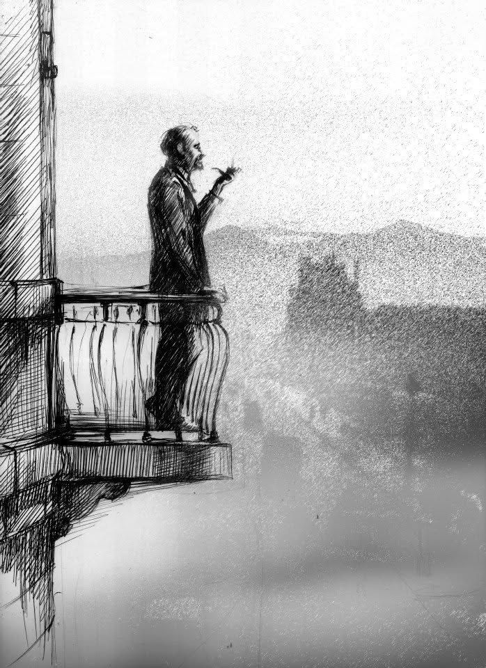 Illustration: a bearded man with a pipe on a high balcony above a misty city
