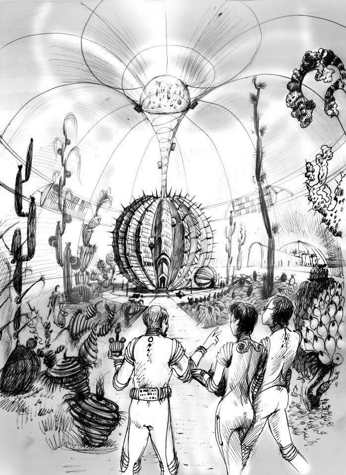 Illustration: three travellers walk through a domed garden of giant cacti toward a spiked sphere